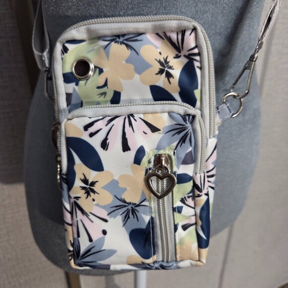 Blue Floral Cell Phone Crossbody Bag ā 4 Pockets, Water Resistant Fabric - Picture 2 of 14